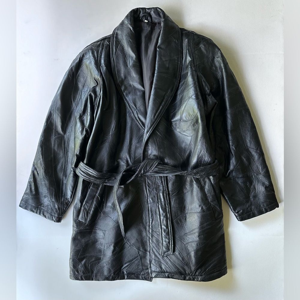 Vintage Leather Mosaic Patchwork Black Shawl Collar Wrap Coat S